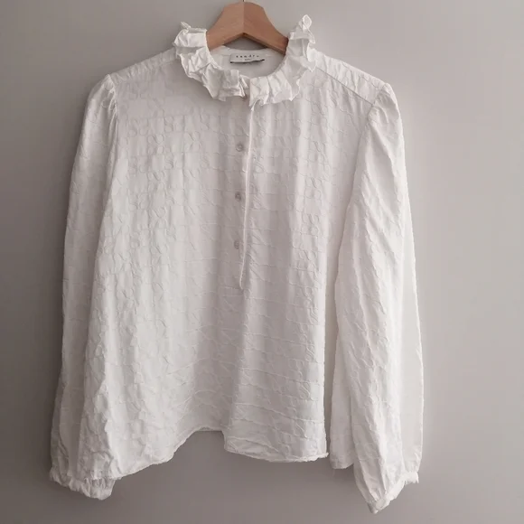 Sandro Jacquard Blouse Double S Logo Pleated Collar Puff Sleeves White 2 Medium - Picture 2 of 16
